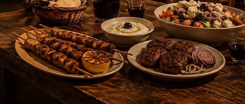 Πιατέλα με χειροποίητα σουβλάκια και ψημένο λεμόνι, δίπλα σε μπιφτέκια με κρεμμύδι.